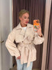 Women Short Belted Trench Coat Lapel Double Breasted Long Puff Sleeve Loose Fit Jacket Casual Daily Office Ladies Outerwear