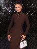 Autumn Elegant High Collar Long Sleeve Ruched Slim Fit Long Dress Women'S Solid Casual Party Club Street Clothes