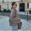 Casual Solid Single Breasted Wool Jacket Women Chic Lapel Long Sleeve Pleated Pocket Loose Coats Autumn High Street Overcoat