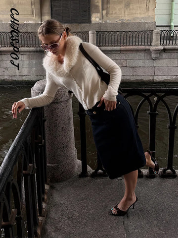 Women's Knitwear Faux Fur Collar Patchwork Knitted Cardigan Autumn Female Long Sleeve Single Breasted Solid Coats Chic Partywear