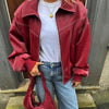 Women Stand Collar Leather Pilot Jacket Red Zipper Cropped Coat Casual Outerwear Streetwear