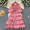 High End Party Ruffles Runway Dresses Women Lantern Sleeve Lace-up Loose Stretch Celebrity Beautiful Long Dress