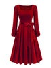 Red Velvet Christmas Elegant Party Women Dress Square Neck Long Bishop Sleeve Autumn Winter Belted Swing Dresses