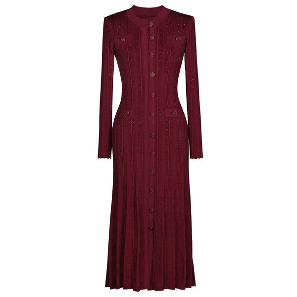 Three Colors High-quality Elastic Knitted Fabric Hollowed Out Single Breasted Round Neck Long Sleeved Slim Fit Women Dress