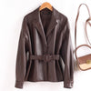 Women Split Leather Blazer With Slim Waist Belt Spring Autumn Notched Collar Loose Leather Jacket Female Coat