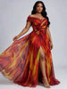 Women Plus Size Off Shoulder Formal Evening Dress Tie Dye Tulle 3D Flower Split A Line Maxi Wedding Guest Party Dress