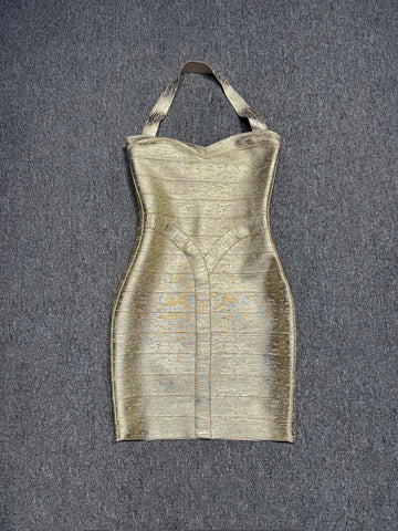 Real Photos Women Gold Bronzing Bandage Dress Bodycon Mini High Street Evening Club Party Homecoming Dress