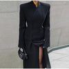 Black Tailored Long Coat Women Elegant Asymmetric Button Front Pockets Full Sleeve Criss-cross Neck Jacket Casual Outerwear
