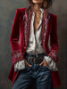 Ethnic Retro Floral Print Velvet Woman Blazer Jacket Sexy Notched Collar Slim Autumn Outerwear Long Sleeve Winter Cardigans Coat