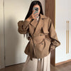 Women Short Belted Trench Coat Lapel Double Breasted Long Puff Sleeve Loose Fit Jacket Casual Daily Office Ladies Outerwear