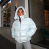 Solid Glossy Zipper Hooded Coats Women's Warm Elastic Waist Pleated Short Cotton Jacket Winter Lady High Street Outwear
