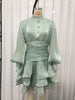 Elegant Pink High Neck Organza Fabric Mini Dresses for Women Puff Sleevs Ruched Waist Tiered Ruffles for Cocktail Parties