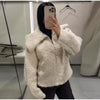 Soft Fleece Jacket For Women Elegant Oversized Lapel Long Sleeve Zipper Cropped Coat Lady Spring Casual Outerwear