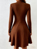Women's Slim Fit Half High Collar Waist Cinched A-Line Skirt Long Sleeved Pit Stripe Dress