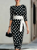 Women Polka Dot Bodycon Midi Dress 3/4 Puff Sleeve Boat Neck Contrast White Tie Waist Slim Pencil Formal Wedding Guest Dresses