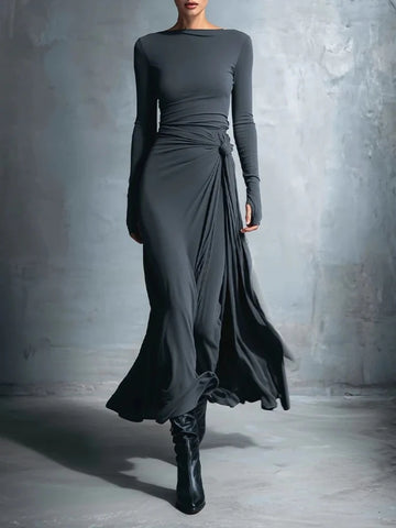 Elegant Long Sleeve Ruched Sexy Maxi Dress Women Gown Autumn Draped Bodycon Irregular Long Dresses Female Clothing