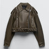Vintage Loose Pu Faux Leather Short Jacket with Belt Streetwear Female Zipper Retro Moto Biker Coat Outwear Tops