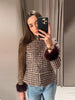 Women Stand Collar Tweed Jacket Elegant Long Sleeve Faux Fur Cuffs Coat Spring Single Breasted Outerwear Street