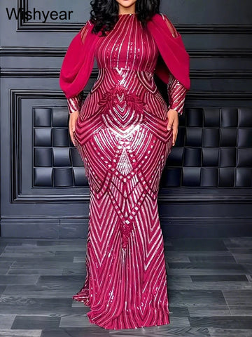 Year Sequined Blue Mermaid Dress for Women Long Sleeve Slim Wedding Guest Birthday Prom Christmas Formal Party Robe