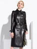 Long Black Faux Leather Trench Coat for Women, Belt, Double Breasted, Vintage, British Style, Overcoat, 6XL, 7XL, Spring