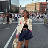 Chic Embroidery Pink Lace Up Woman Short Coat Casual Long Sleeves V Neck Jacket Autumn Lady Commuter Street Outerwear