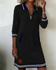 Autumn Winter Versatile Women's Dress Casual Contrasting Color Splicing Lapel Long-sleeved Loose Dress With Pockets
