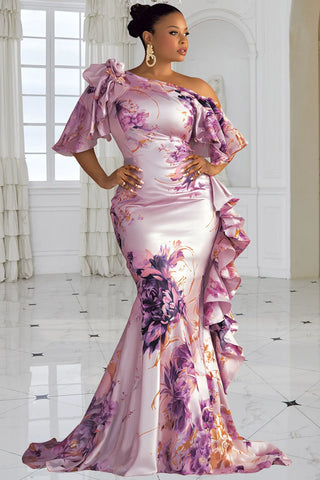 Floral Print One Shoulder Mermaid Gown Ruffle Trim Satin Formal Evening Dress Elegant Plus Size Wedding Guest Dress for Women