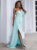 Light Blue Sequin Party Dress Women One Shoulder Long Sleeve Ruffles Side Split Draped Evening Prom Dresses Long Gown