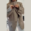 Turtleneck Short Checkered Coat Women Double Breasted Long Sleeve Outerwear Autumn Lady Daily Casual Jacket