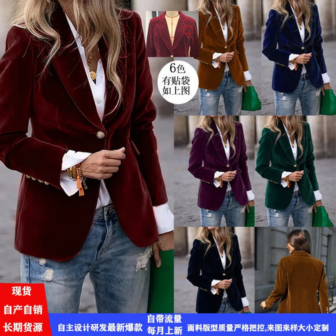 Women's Gold Velvet Blazer, Office Lady Spring Autumn Foreign Atmosphere, Red Blazers Suit, OL Professional Wear