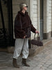Women Dark Brown Faux Fur Coat Stand Neck Zipper Loose Solid Pullover Spring Chic Lady Casual High Street Outwear