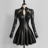 PU Leather Dresses for Women Stand Collar Lace Long Sleeve Zipper Slim Fit Mini Dress Woman Elegant A-Line Dress Streetwear Top