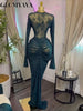 Women Mesh Stacked Ruched Long Sleeve Bodycon Midi Maxi Mermaid Dress Birthday Party Long Dresses Vestidos