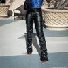 1PC Brown Faux PU Leather Pleated High Waist Stacked Pants Women Slim Hipster Street Style Long Trousers Female 2#