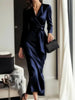 Satin Long Sleeve V Neck Wrap Tie Waist Elegant Midi Dress for Women Evening Party Cocktail