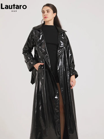 Spring Autumn Black Shiny Reflective Soft Patent Leather Trench Coat for Women Designer Floor Length Clothes