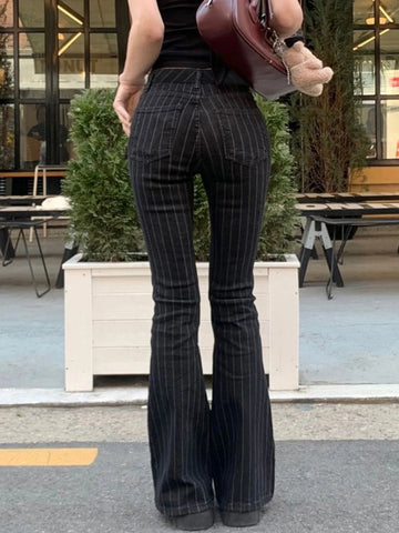 Fdey Stripe Slim Vintage Chic Jeans Zipper Pockets Low Waisted Button 90s Pants Streetwear All-match For Women