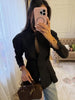 Elegant Solid Slim Short Jacket Women Chic Stand Collar Double Buttons Waist Cinching Pleated A-line Coat Lady Spring Daily Wear