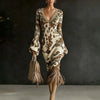 Women's Vintage Camo Print Knitted Maxi Dress Elegant V-Neck High Waist Flare Long Sleeve Slim Fit Tassel Hem Sweater Chic Dress
