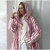 Striped Hooded Long Trench Coat Drawstring Waist Open Front Spring Women Glam Outerwear Warm Casual Lady Windbreaker Jacket