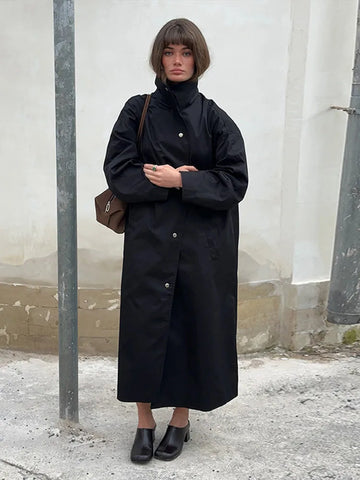 Women Solid Long Trench Coat Stand Collar Single Breasted Oversized Loose Sleeve Straight Coat Autumn Winter Casual Outfits