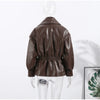 Solid PU Leather Jacket Women Turn-down Collar Zipper Front Puffy Sleeves Stylish Coat Spring Casual Lady Outerwear