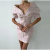 Elegant Women's Printed Buttons Short Dress Waist Cinched Shoulder Pads High Collar Dresses Autumn Lady Holiday Party Robes