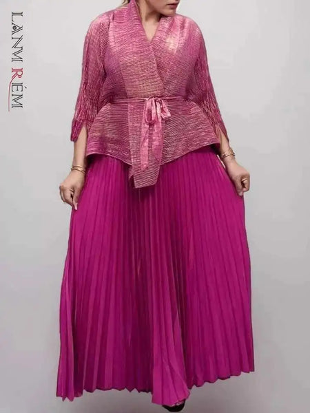 2 Pieces Set Women V Neck Full Sleeves Bandage Coat + Elastic Waist A Line Skirt Lady Pleated Clothes 2DC1483