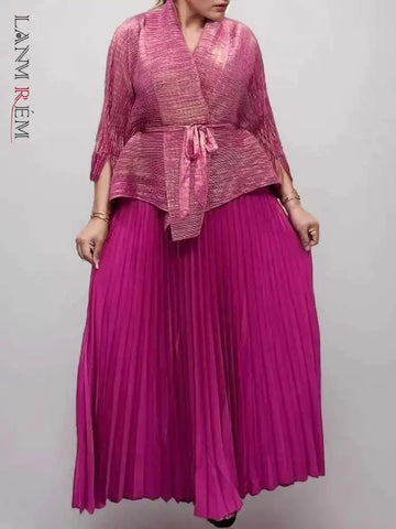 2 Pieces Set Women V Neck Full Sleeves Bandage Coat + Elastic Waist A Line Skirt Lady Pleated Clothes 2DC1483