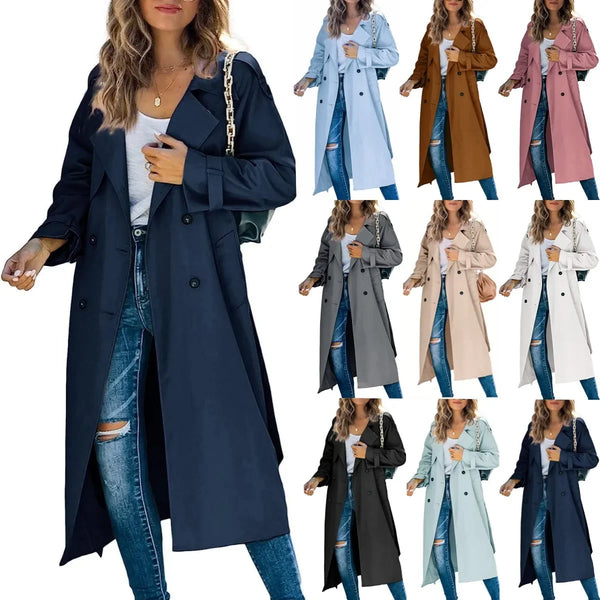 Trench Women Coats Mid Length Coat Turn Down Collar Full Sleeve Double Breasted Elegant Splice Lace Up Jackets Autumn