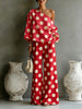 Women's Polka Dot 2-Piece Outfit Asymmetrical Off-Shoulder Blouse High Waist Wide Leg Pants Vibrant Casual Matching Set