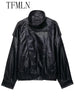 Winter Women Faux Leather Loose Jacket High Street Stand Collar Long Sleeve Coat Zipper Thicken Outwear