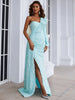 Light Blue Sequin Party Dress Women One Shoulder Long Sleeve Ruffles Side Split Draped Evening Prom Dresses Long Gown