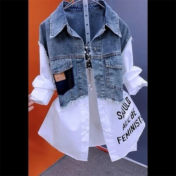 Splicing Denim Jacket Women Spring Autumn Korean Denim Shirt Ladies Tops Casual Jean Coat Female Windbreaker